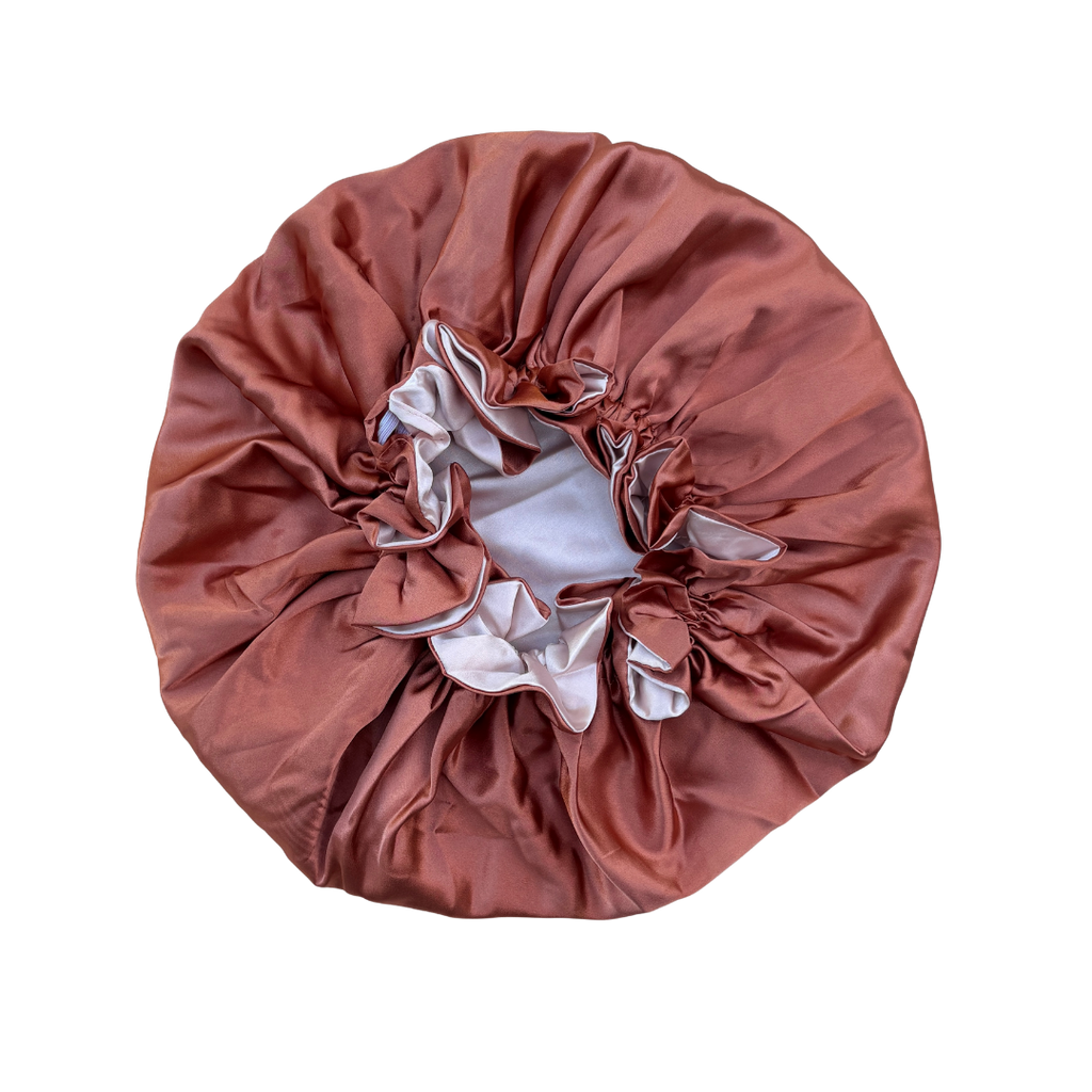 copper + blush ruffle bonnet