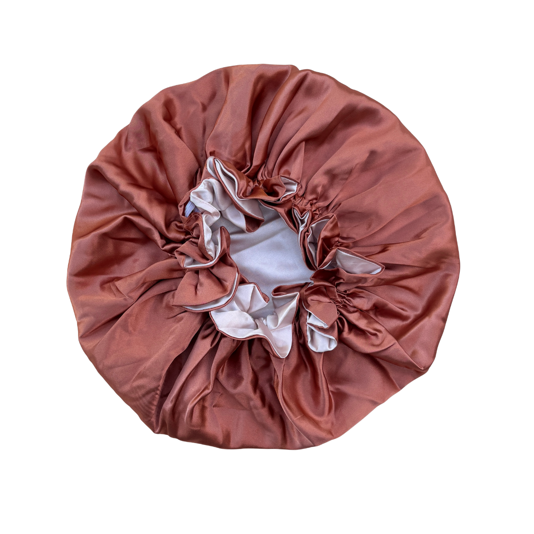 copper + blush ruffle bonnet