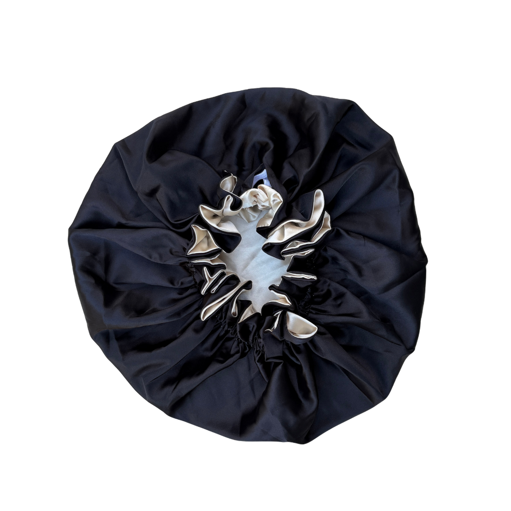 black + champagne ruffle bonnet