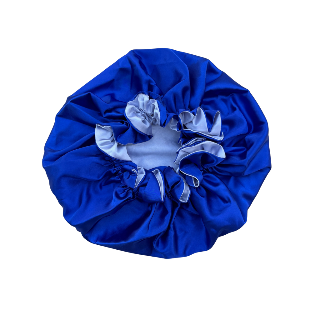 royal blue + lavender ruffle bonnet