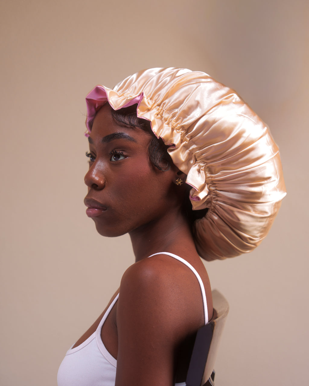 dusty pink + champagne ruffle bonnet