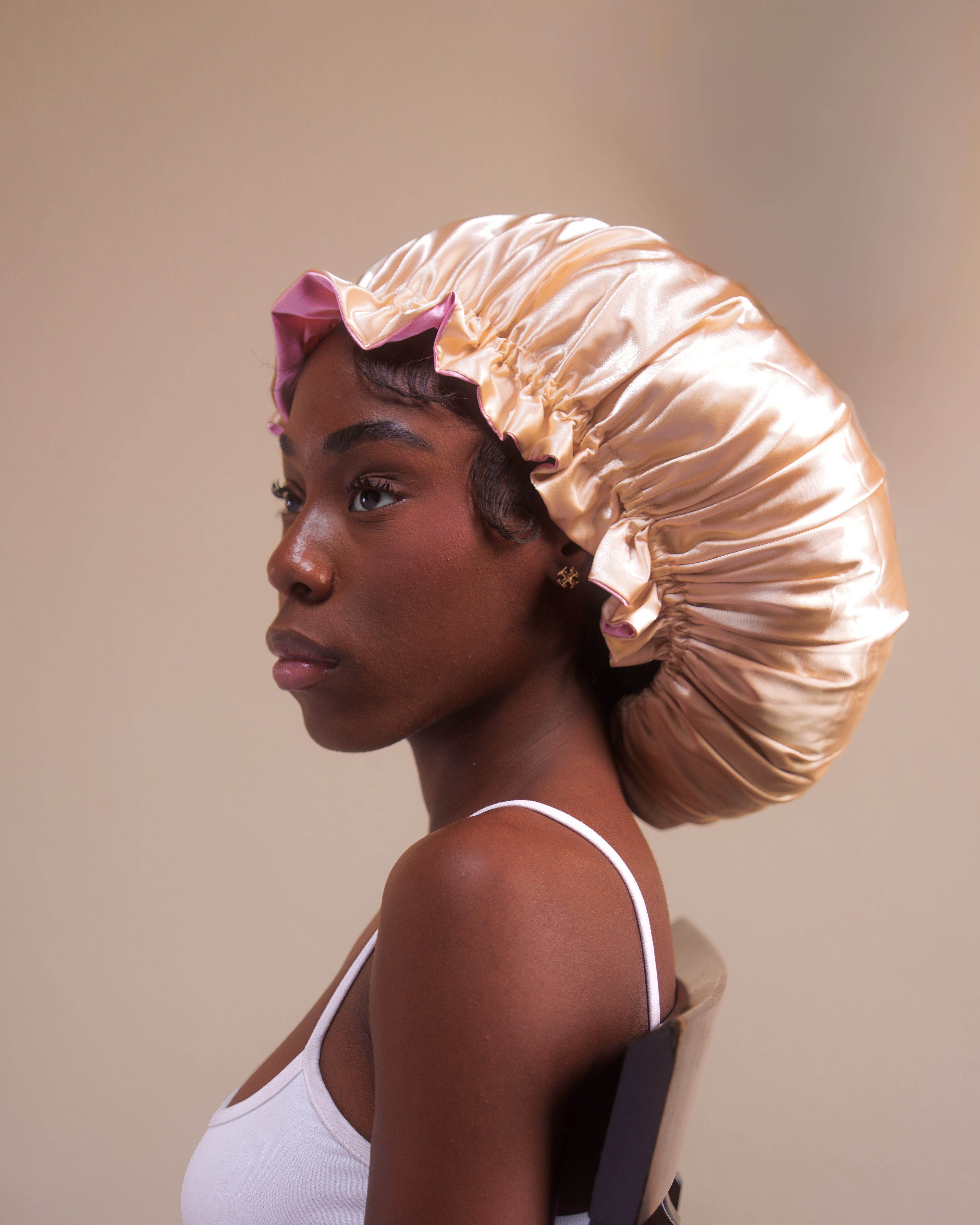 dusty pink + champagne ruffle bonnet