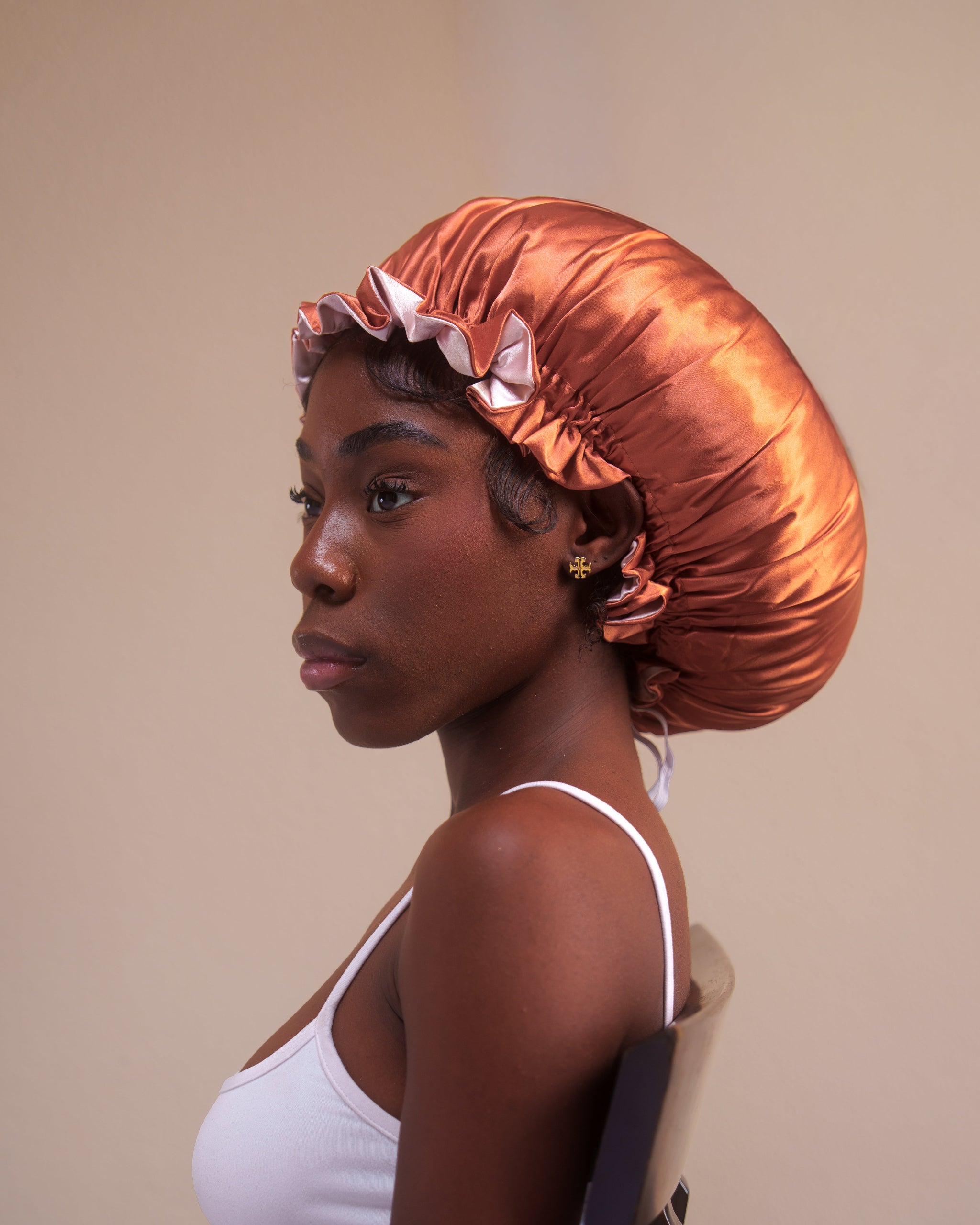 copper + blush ruffle bonnet